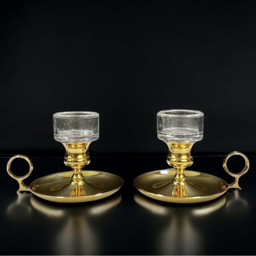 Brass Chamberstick Candle Holder With Glass Inset By Baldwin‎ Brass Set Of 2